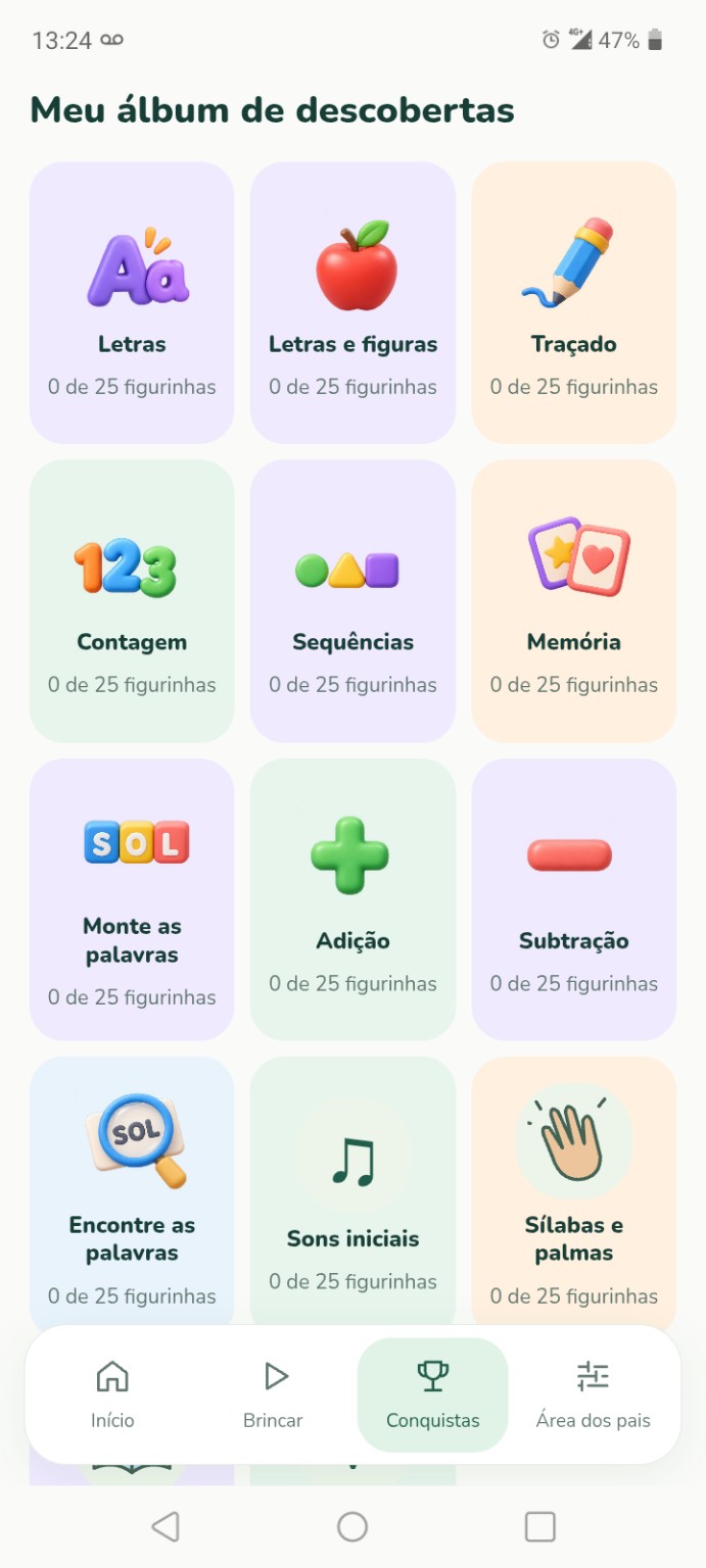Álbum de descobertas do Letrinhas com letras, números e jogos