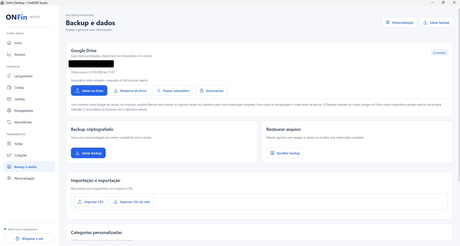 Suas cópias de segurança no OnFin Desktop