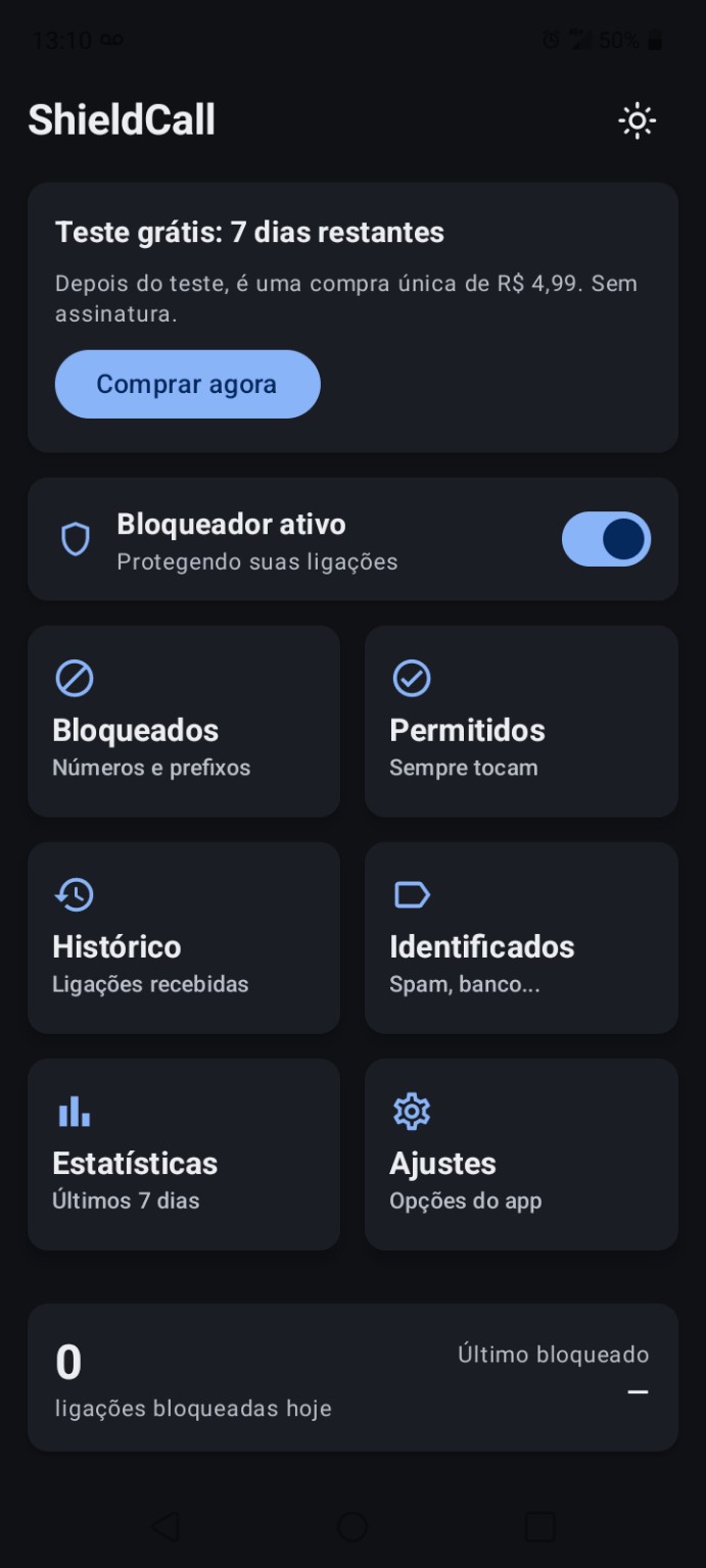 Tela real do ShieldCall no tema escuro